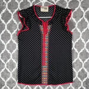Savanna Jane Ruffle Top Women Size Small Black Polka Dot Embroidered